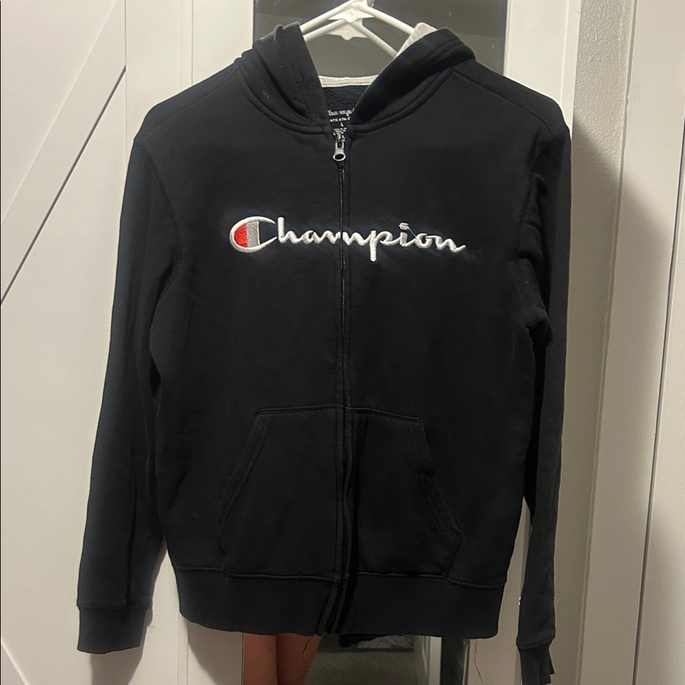 Champion Black Zip Hoodie with White Script and Red Logo Accent